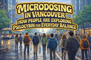 People walking in the streets on a rainy day in vancouver with the title of the blog post in the middle