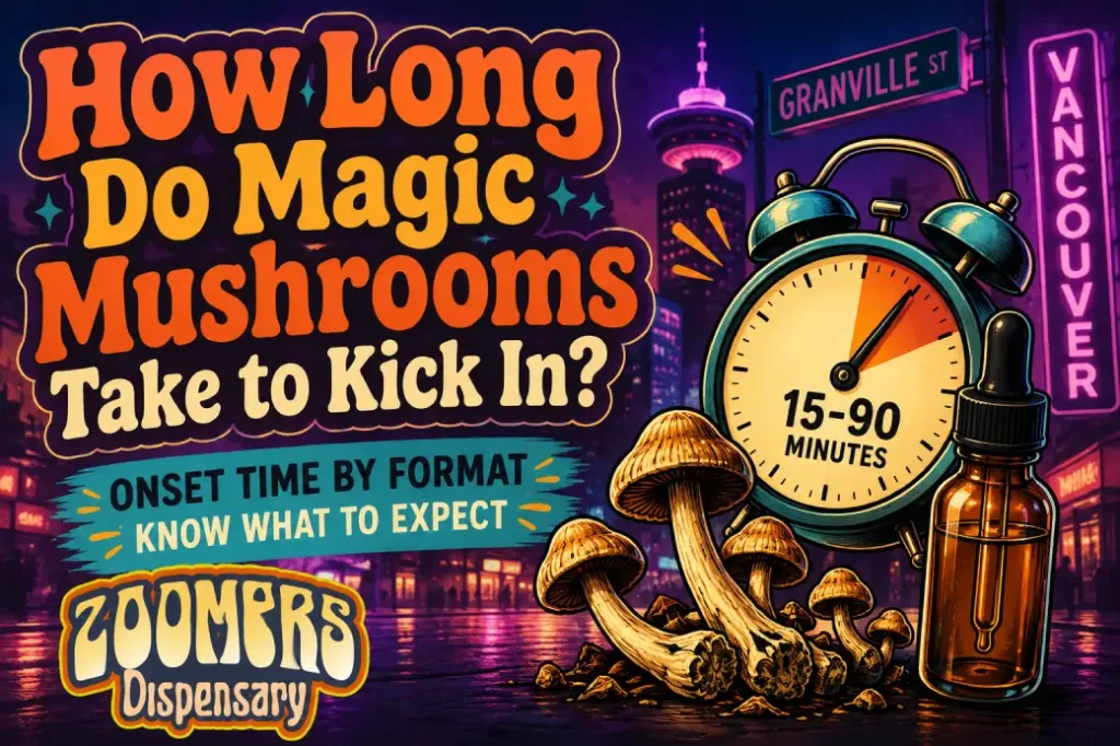 "How Long Does It Take for Magic Mushrooms to Kick In?" on the left side, with a clock and granville scenary on the right side