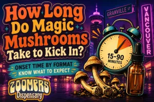 "How Long Does It Take for Magic Mushrooms to Kick In?" on the left side, with a clock and granville scenary on the right side