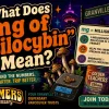 title on the left side "What Does "mg of Psilocybin" Actually Mean?" and a visual description of mg with examples on the right