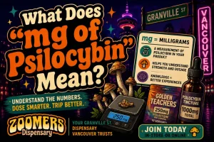 title on the left side "What Does "mg of Psilocybin" Actually Mean?" and a visual description of mg with examples on the right
